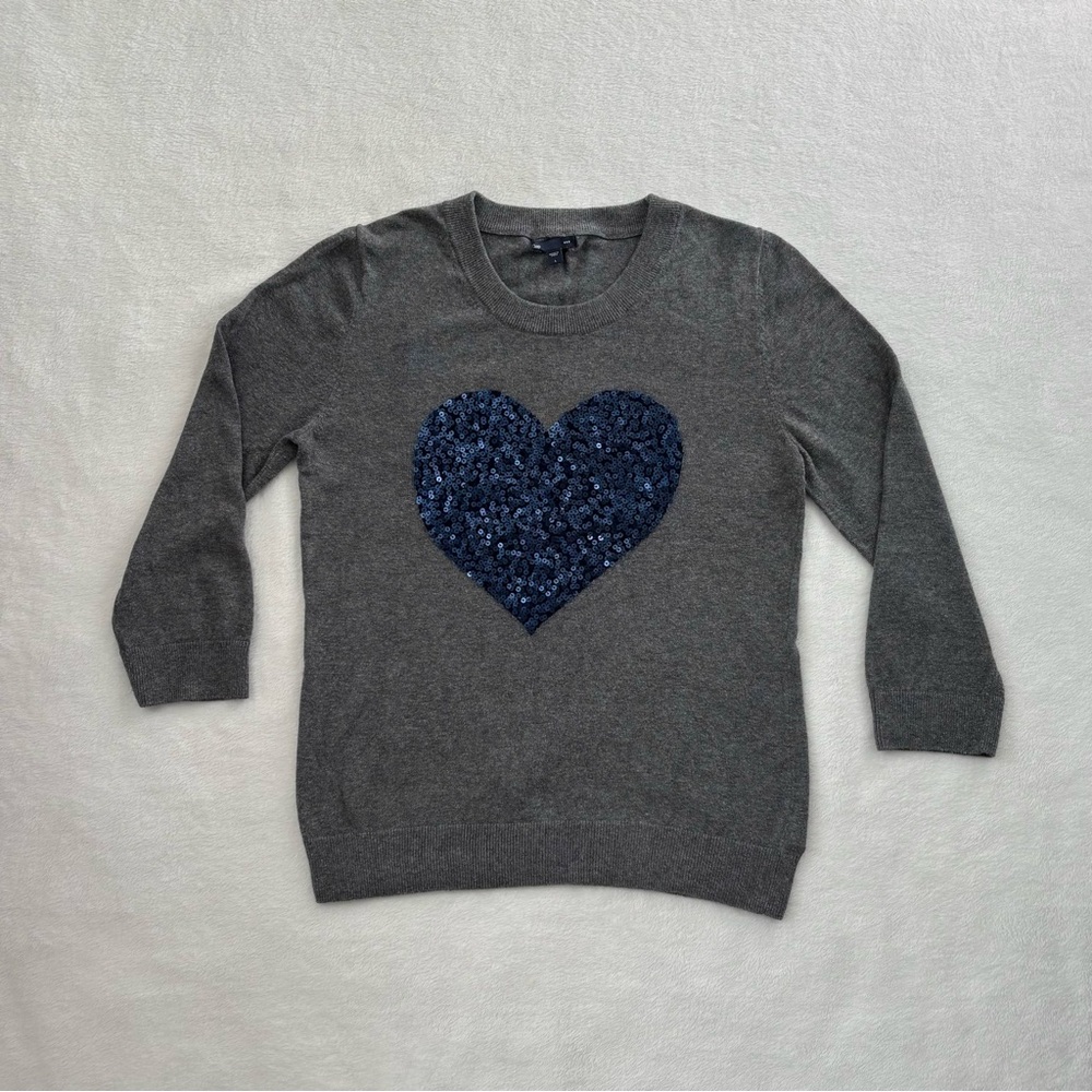 GAP Gray Longsleeve Crewneck Sweater Dark Blue Sequin Heart